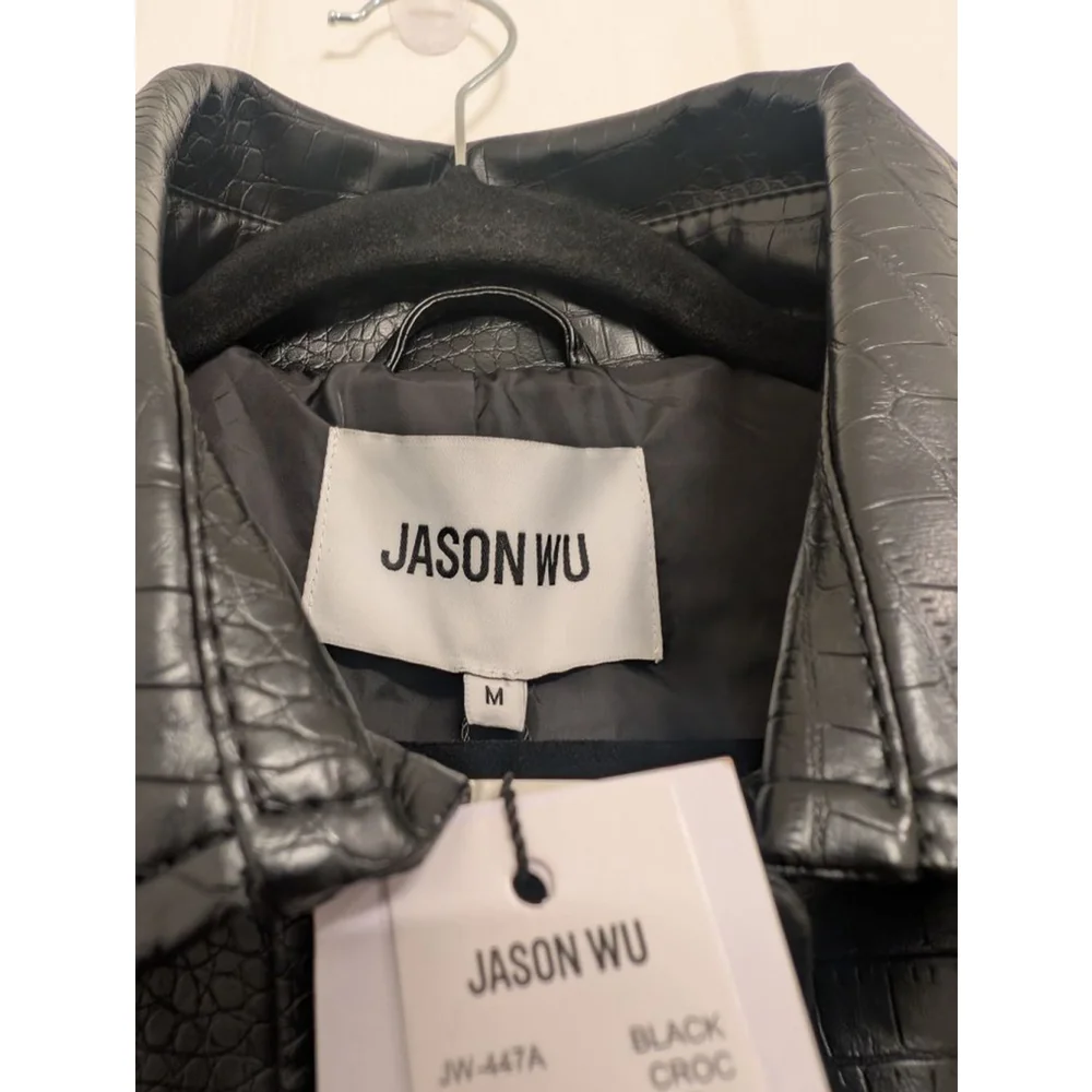 NEW Jason Wu Black Croc Embossed Faux Leather Long Trench Coat M Edgy Jacket